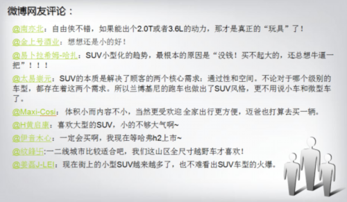 微博网友对于小型SUV的精彩评论